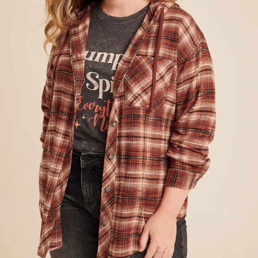 Cabin Plaid Brown Hooded Boyfriend Tunic Shirt